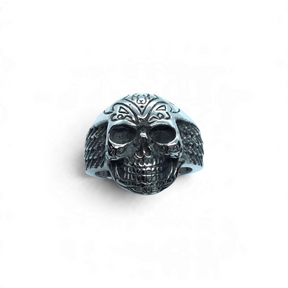 Rare Earth Gallery stainless steel skull ring featuring detailed wings and intricate engraved patterns