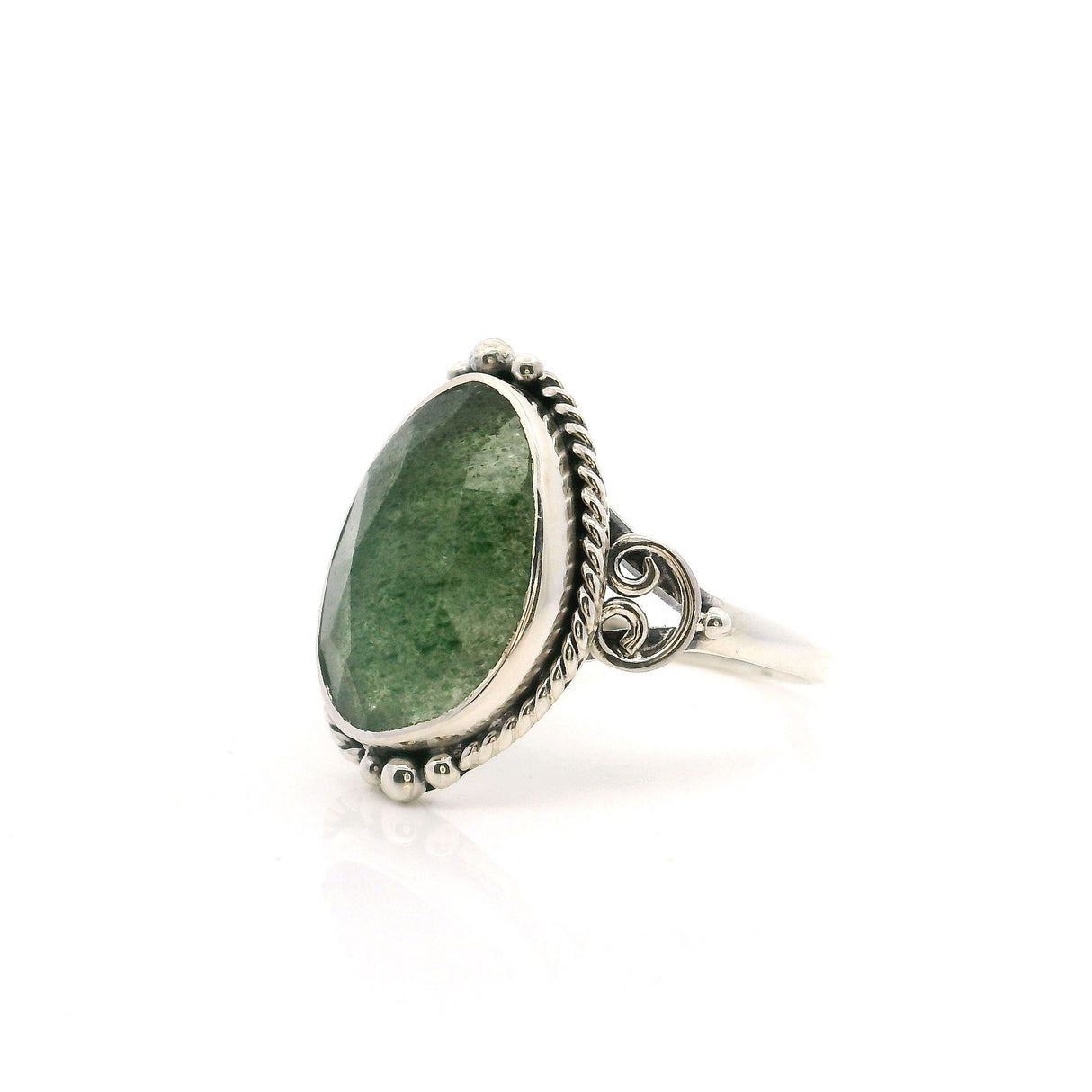 Nephrite Jade Ring - Faceted Semi-Translucent Freeform Bezel Set with Rope & Beaded Detail on Double Band in 925 Sterling Silver sz9