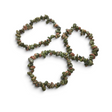 Rare Earth Gallery unakite chip bracelet featuring polished green and pink natural stone fragments on an elastic band