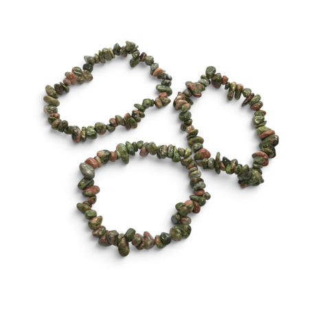 Rare Earth Gallery unakite chip bracelet featuring polished green and pink natural stone fragments on an elastic band