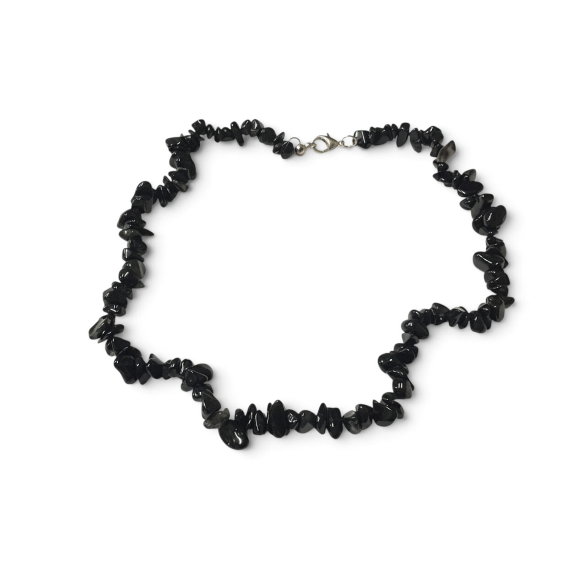 Rare Earth Gallery black obsidian chip necklace with polished irregular gemstone beads and a silver-tone clasp.