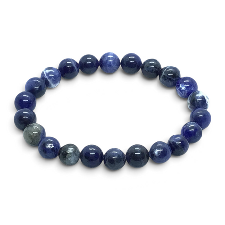Rare Earth Gallery 8mm round sodalite beaded bracelet with deep blue stones and natural white veining on elastic cord