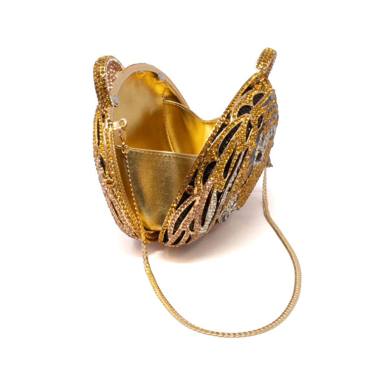 Tiger Face Crystal Purse with Chain - Yellow & Black