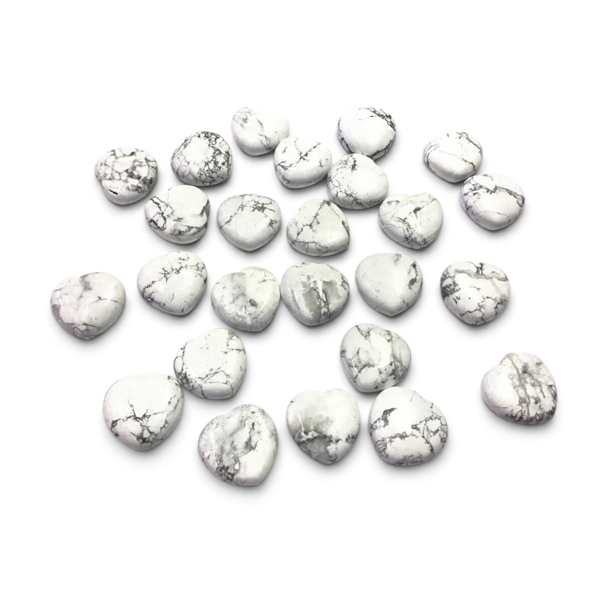 Rare Earth Gallery white howlite heart crystals with grey marble-like veining, 25mm polished stones