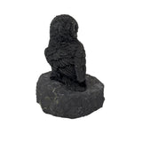 Shungite owl figurine rear view with head turned, carved feathered back over a shungite stone base