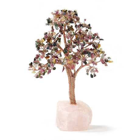 Small multi tourmaline beaded tree with pink, green and yellow chips on a raw rose quartz base