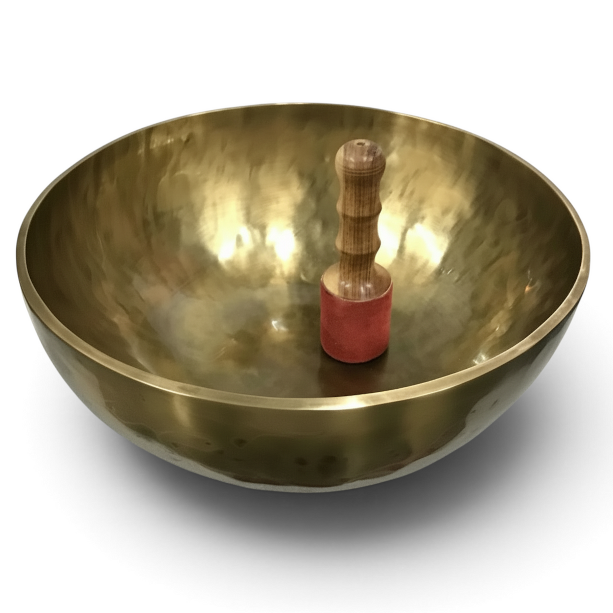 Rare Earth Gallery brass Mother singing bowl tuned to note D with a wooden mallet for meditation and sound healing.