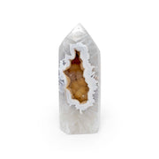 Polished white agate druze point with tan druzy crystal pocket and blue-gray lace banding, Brazil