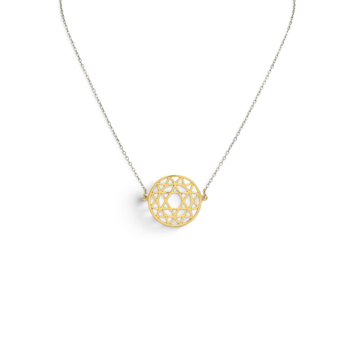 Rare Earth Gallery sterling silver heart chakra choker necklace featuring a gold-toned sacred geometry pendant.