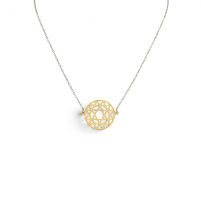 Rare Earth Gallery sterling silver heart chakra choker necklace featuring a gold-toned sacred geometry pendant.