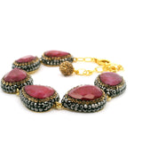 Ruby Link Bracelet - 6 Pear Links Surrounded by Marcasite & Gold Swarovski Crystals with Gold Vermeil over 925 Sterling Silver