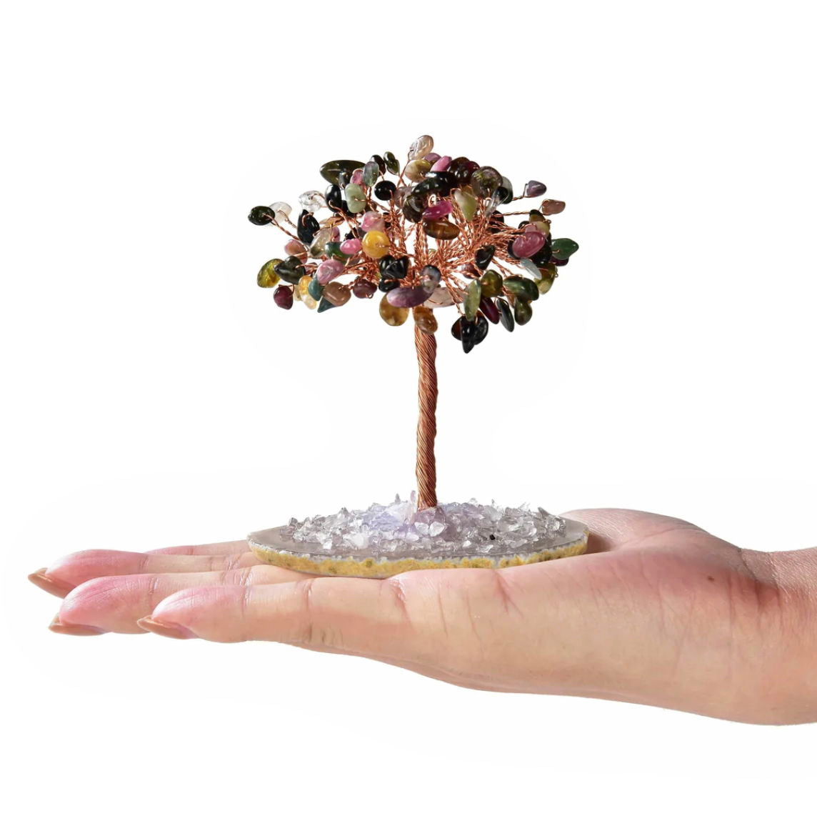 Gemstone Beaded Crystal Trees On Agate Slice Base