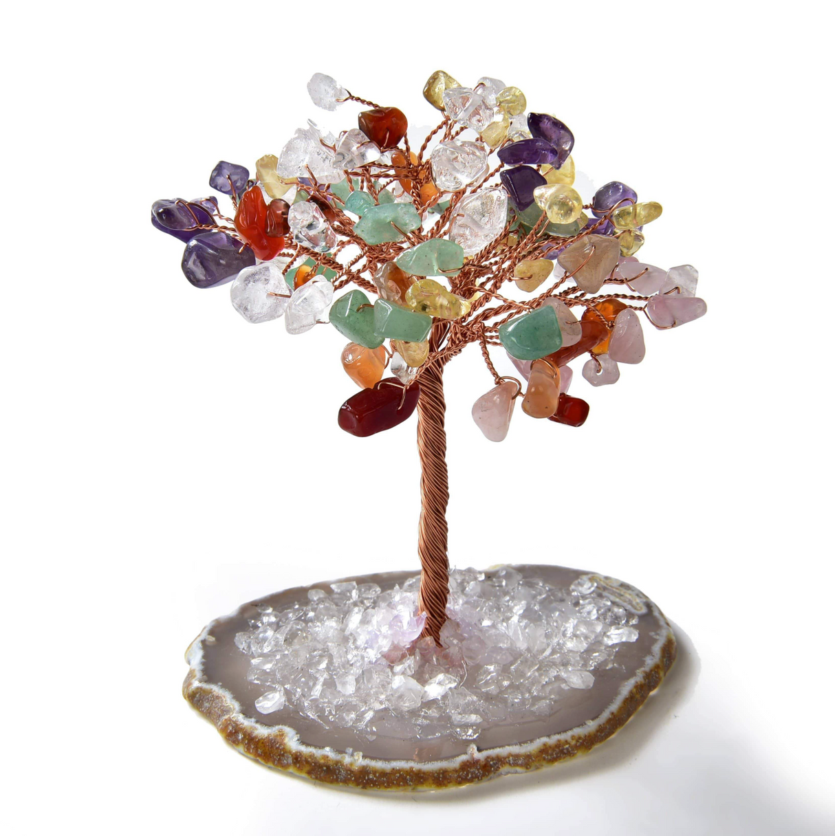 Gemstone Beaded Crystal Trees On Agate Slice Base