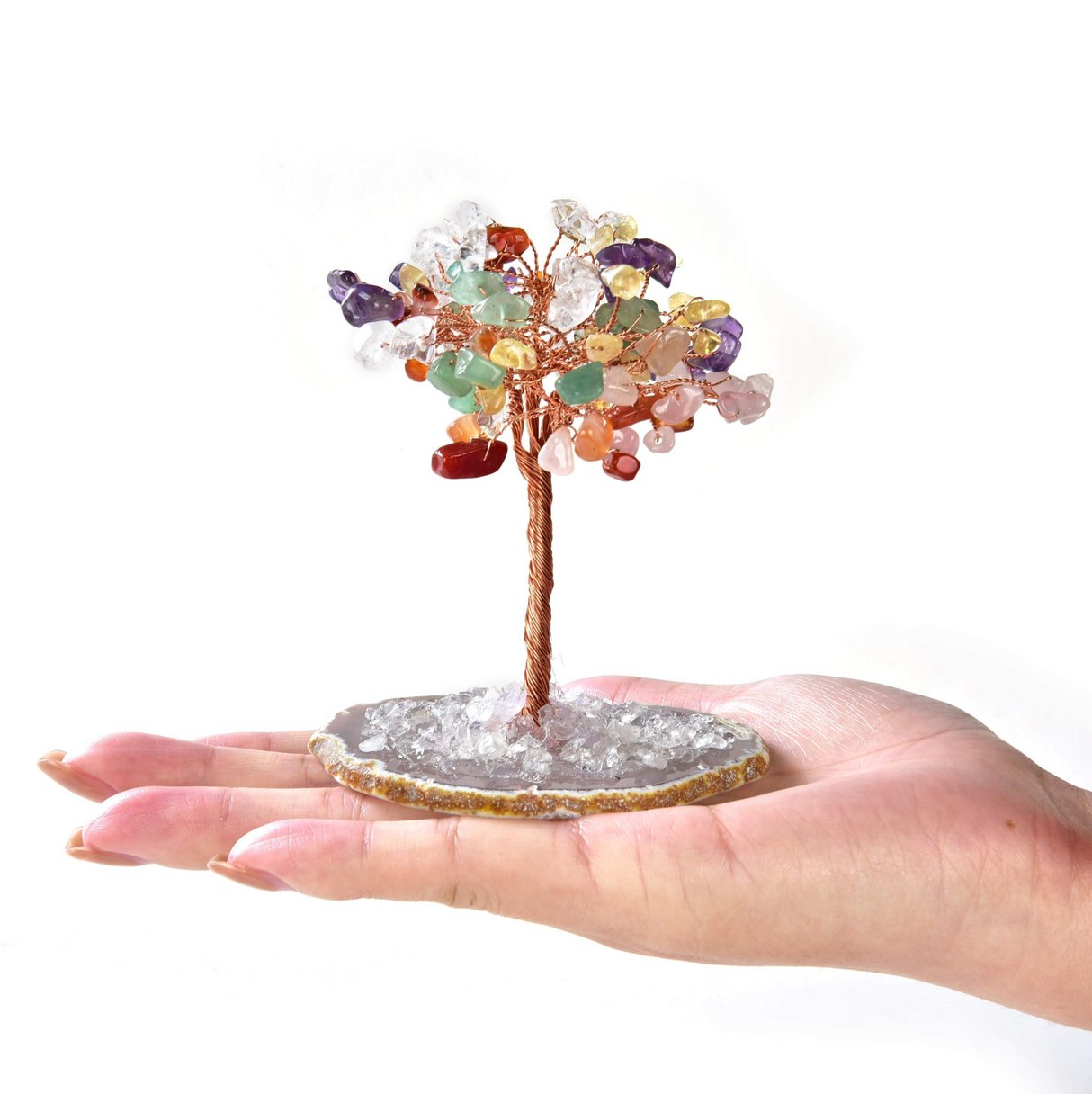 Gemstone Beaded Crystal Trees On Agate Slice Base