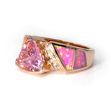 Pink Opal Ring with Rose Gold Overlay - Inlaid Top Band with Pink Cz Trillion Set in Raised Sterling Silver Half Bezel & 2 White Cz Trios on Side