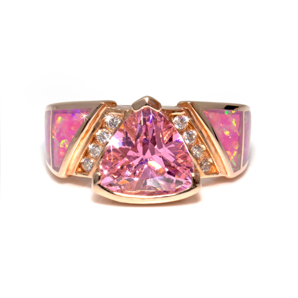 Pink Opal Ring with Rose Gold Overlay - Inlaid Top Band with Pink Cz Trillion Set in Raised Sterling Silver Half Bezel & 2 White Cz Trios on Side