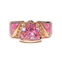 Pink Opal Ring with Rose Gold Overlay - Inlaid Top Band with Pink Cz Trillion Set in Raised Sterling Silver Half Bezel & 2 White Cz Trios on Side