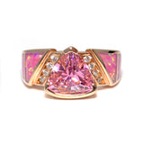 Pink Opal Ring with Rose Gold Overlay - Inlaid Top Band with Pink Cz Trillion Set in Raised Sterling Silver Half Bezel & 2 White Cz Trios on Side