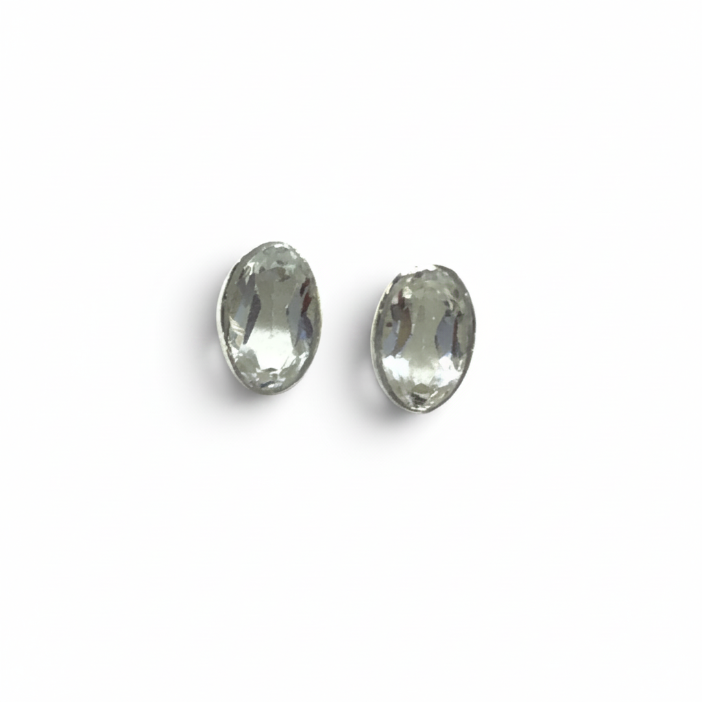 Faceted White Topaz Stud Earrings - Oval With Simple Silver Bezel