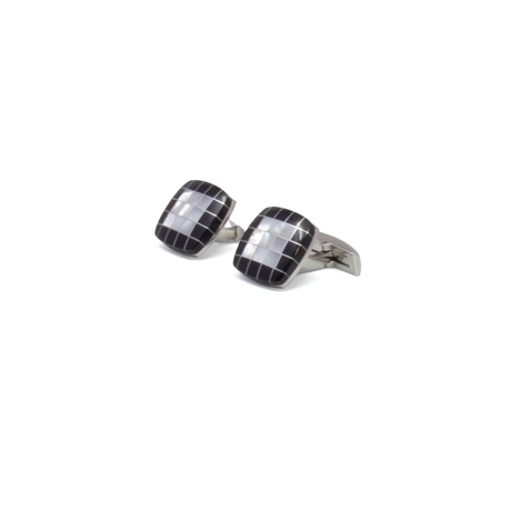 View of Mother Of Pearl & Black Onyx Checkerboard Stainless Steel Cufflinks