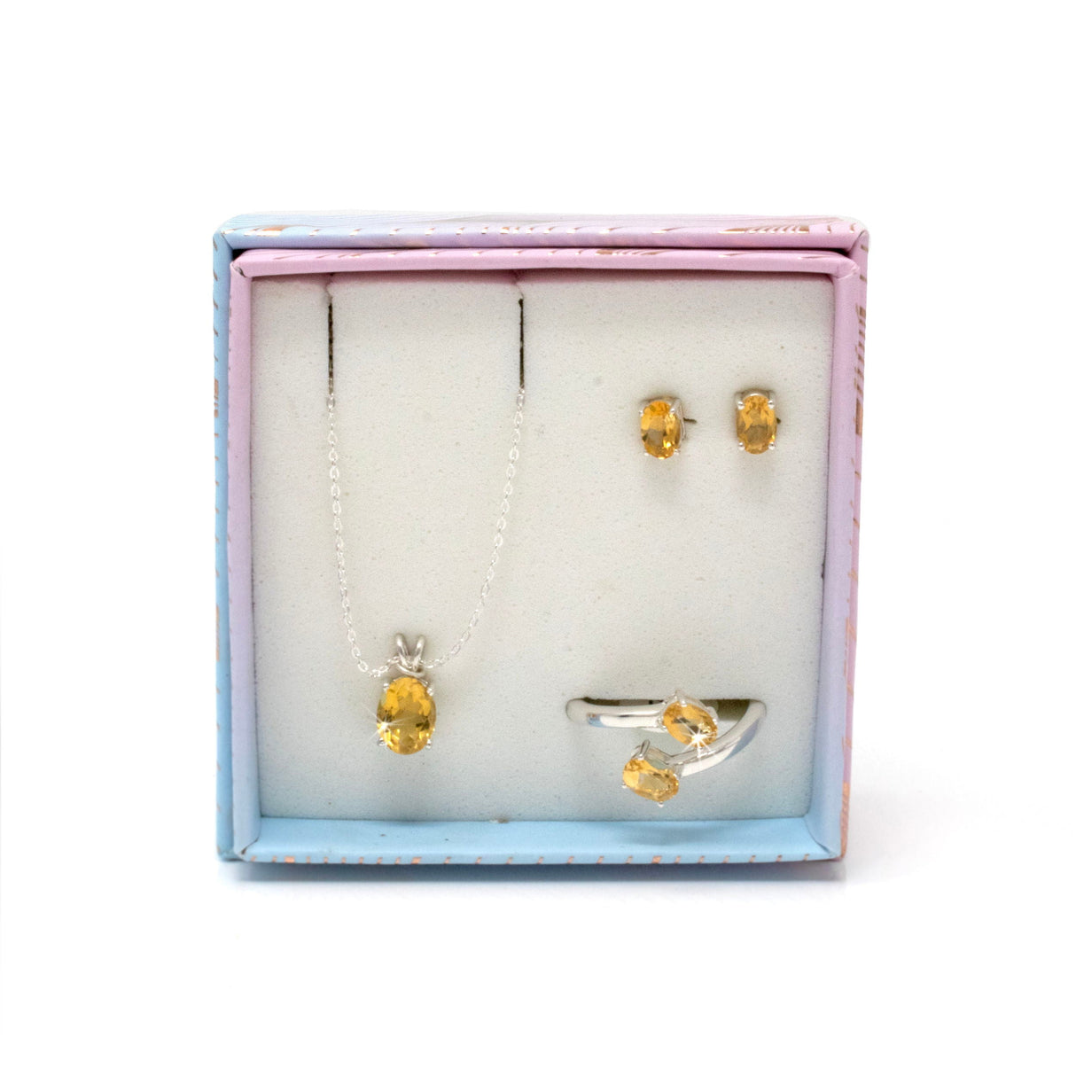 Faceted Citrine Set with Necklace & Stud Earrings & Duo Ring with Open Top - Faceted Prong Set Oval Size 7