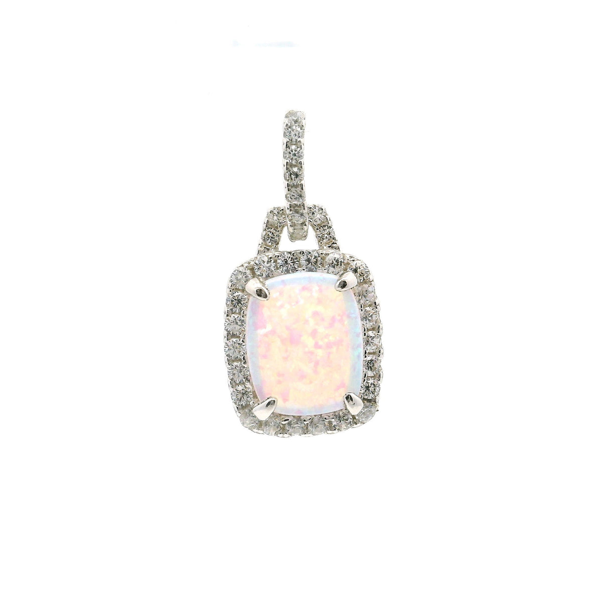 White Opal Pendant - Rectangle Cabochon with White CZs in Bail & Surrounding Prong Setting in 925 Sterling Silver