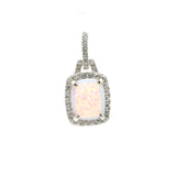 White Opal Pendant - Rectangle Cabochon with White CZs in Bail & Surrounding Prong Setting in 925 Sterling Silver