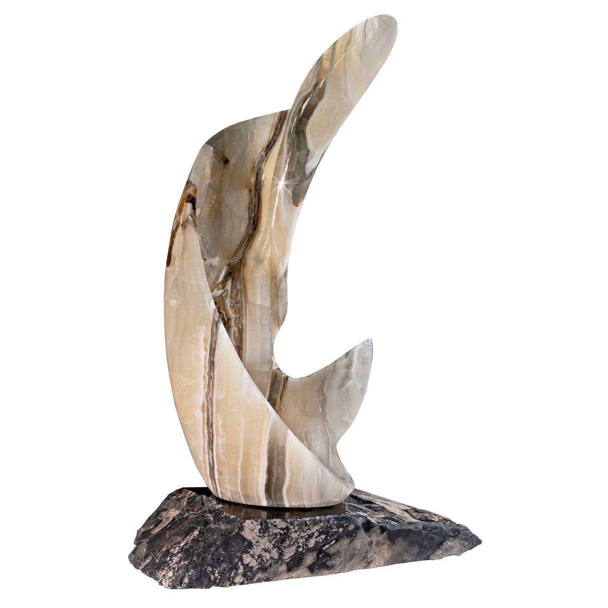 View of Pearlescent Onyx Sculpture - Freeform with Black Marble Base
