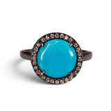 Sleeping Beauty turquoise ring with pavé CZ halo in blackened ruthenium vermeil, top view