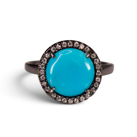 Sleeping Beauty turquoise ring with pavé CZ halo in blackened ruthenium vermeil, top view
