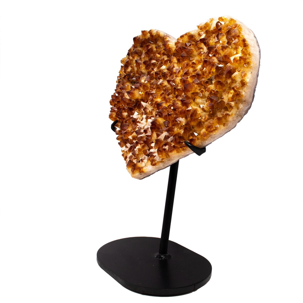 Citrine Crystal Heart On Fitted Stand With Small Calcite Crystal Cluster Inclusions At Tip