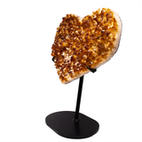 Citrine Crystal Heart On Fitted Stand With Small Calcite Crystal Cluster Inclusions At Tip