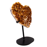 Citrine Crystal Heart On Fitted Stand With Small Calcite Crystal Cluster Inclusions At Tip