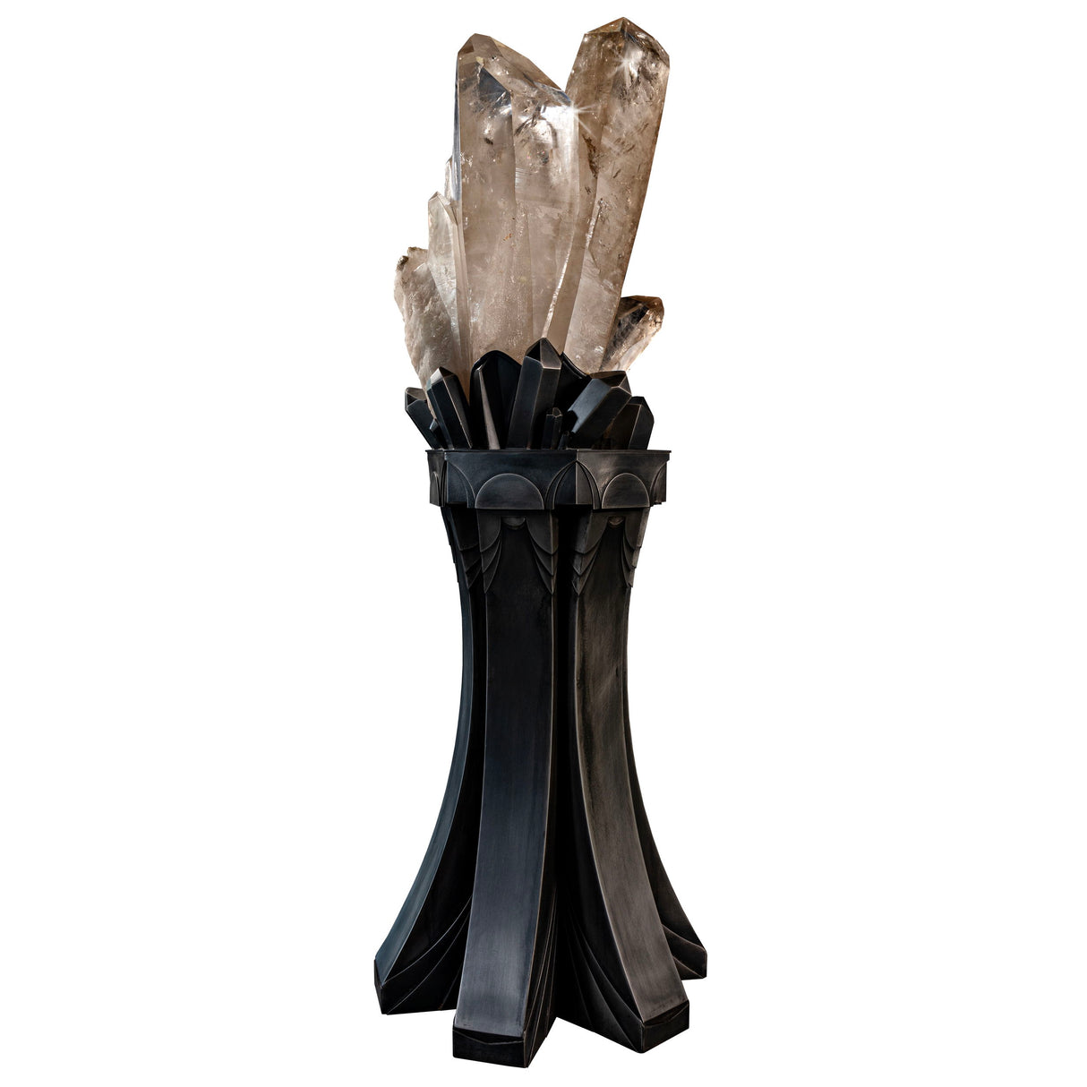 View of Quartz Crystal Cluster on Custom Floor Stand with Smoky Inclusions and Ancient Patterns