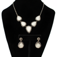 View of Natural White Druze Set (Necklace; Earrings; Ring) 5 Classic Pears With Marcasite & Silver Crystals With Single Pear Earrings & Double Band Ring Szadj