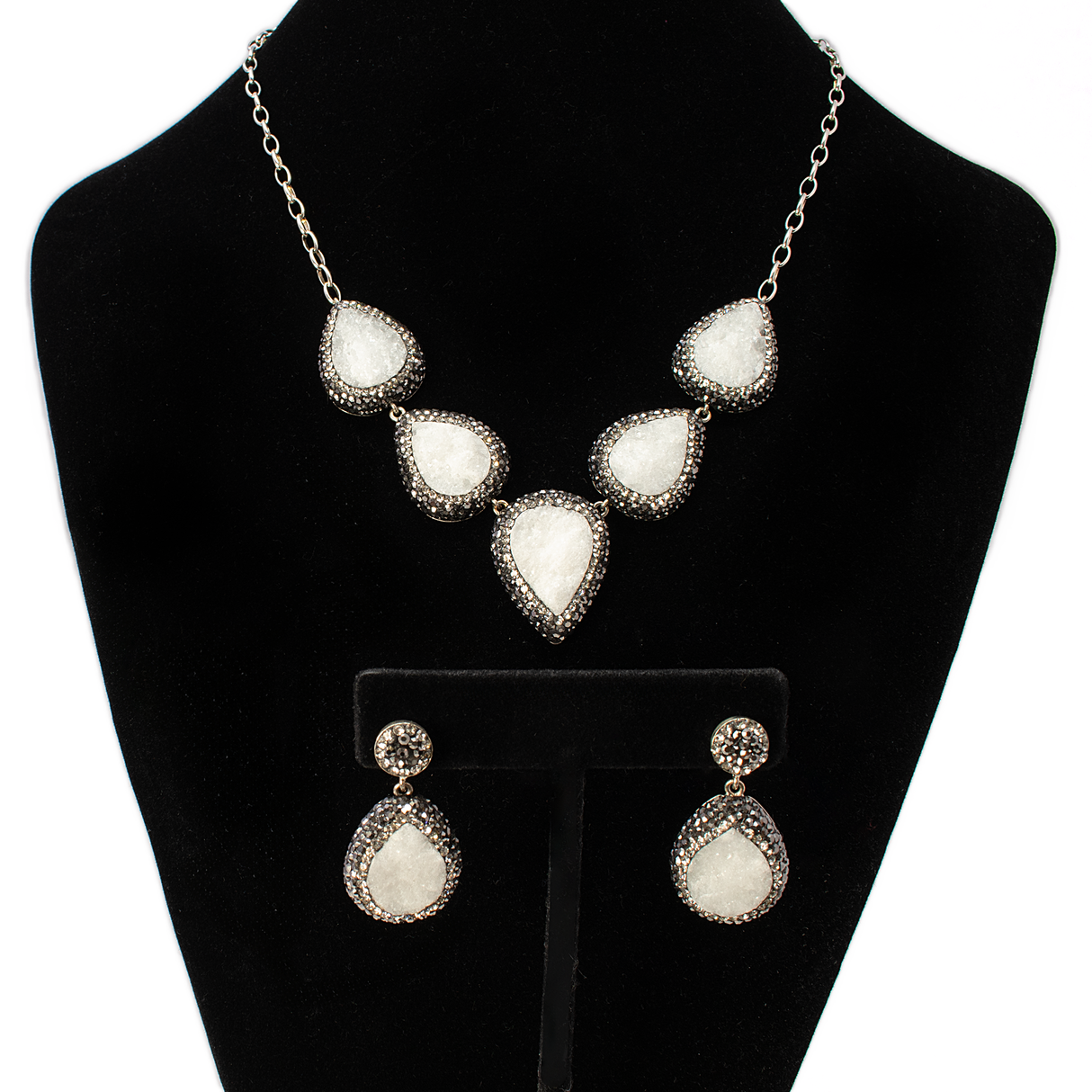 View of Natural White Druze Set (Necklace; Earrings; Ring) 5 Classic Pears With Marcasite & Silver Crystals With Single Pear Earrings & Double Band Ring Szadj