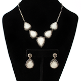 View of Natural White Druze Set (Necklace; Earrings; Ring) 5 Classic Pears With Marcasite & Silver Crystals With Single Pear Earrings & Double Band Ring Szadj