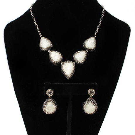 View of Natural White Druze Set (Necklace; Earrings; Ring) 5 Classic Pears With Marcasite & Silver Crystals With Single Pear Earrings & Double Band Ring Szadj