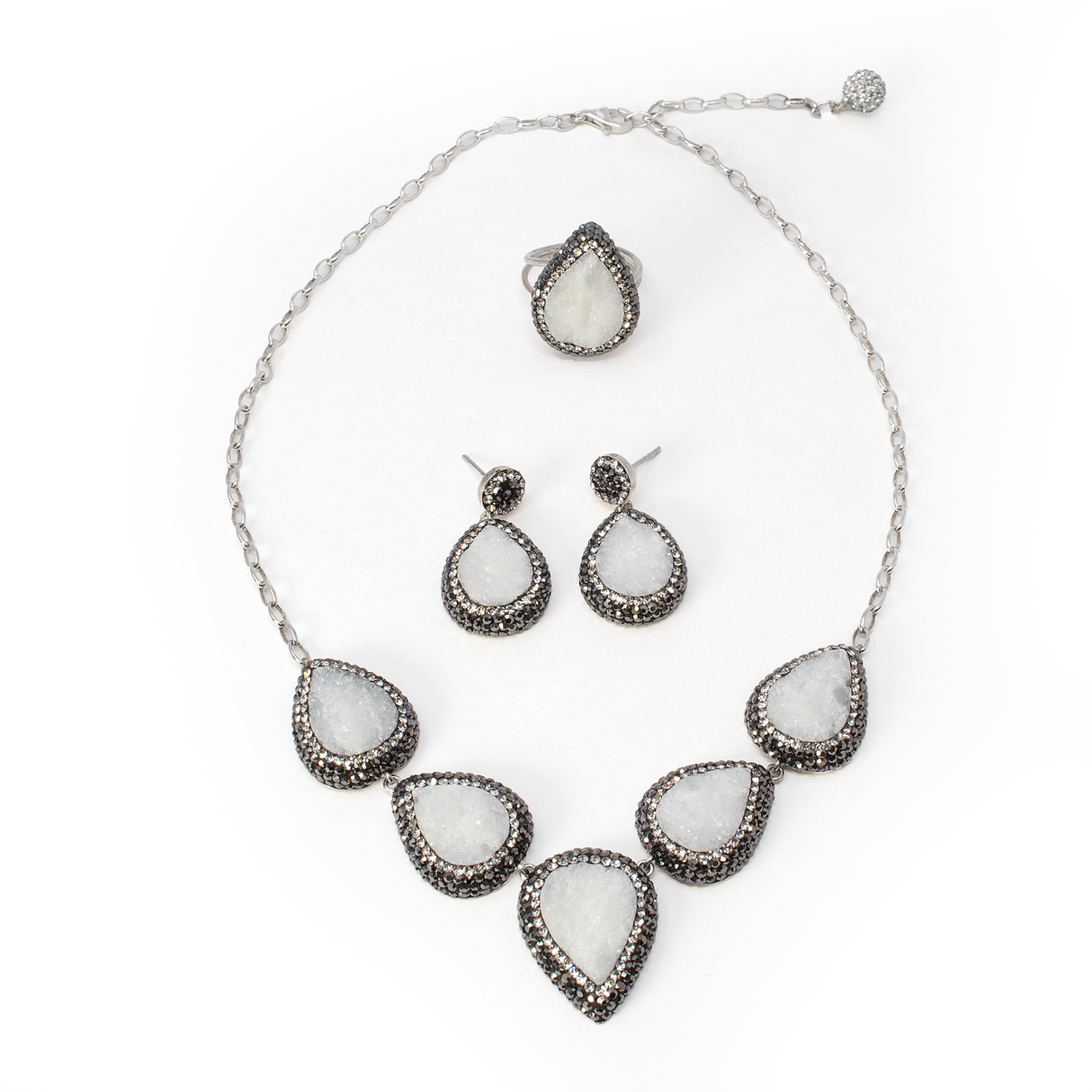 Natural White Druze Set (Necklace; Earrings; Ring) 5 Classic Pears With Marcasite & Silver Crystals With Single Pear Earrings & Double Band Ring Szadj