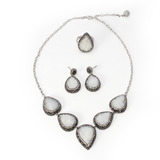 Natural White Druze Set (Necklace; Earrings; Ring) 5 Classic Pears With Marcasite & Silver Crystals With Single Pear Earrings & Double Band Ring Szadj