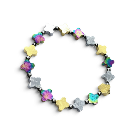 Rare Earth Gallery trefoil bracelet featuring gold and titanium-coated Muonionalusta meteorite with silver bead spacers