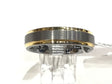 Tungsten band with brushed gray center and yellow gold-plated edges, side profile
