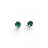 Faceted 3mm round emerald stud earrings prong set, shown on birthstone card