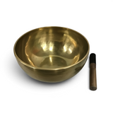 Rare Earth Gallery brass singing bowl in note B with a wooden mallet for meditation and sound healing