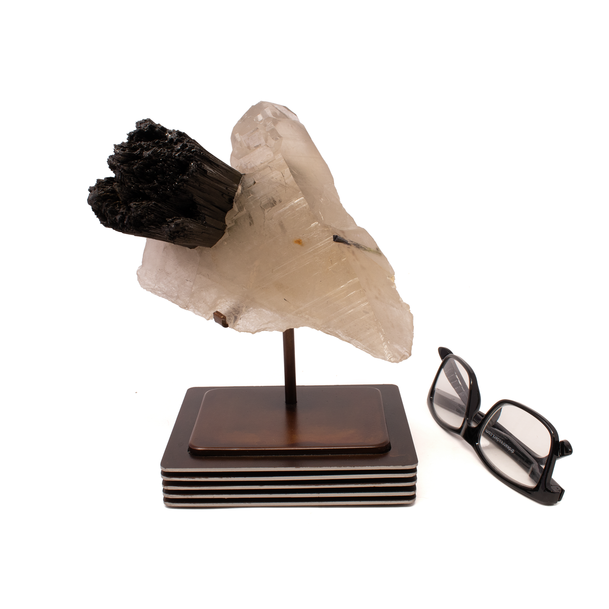 A++ Grade Green Tourmaline Crystal (Watermelon Tourmaline) Spray in Quartz Cluster Specimen In Custom Stand - Layered Square Round Design