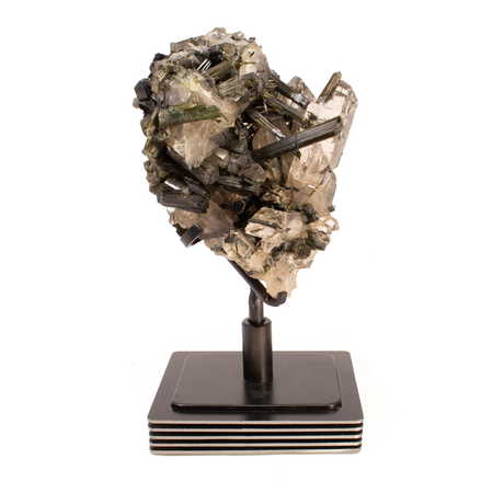 View of A++ Grade Green Tourmaine Crystal In Clear Quartz Cluster Specimen In Custom Rotating Stand - Layered Square Round Design