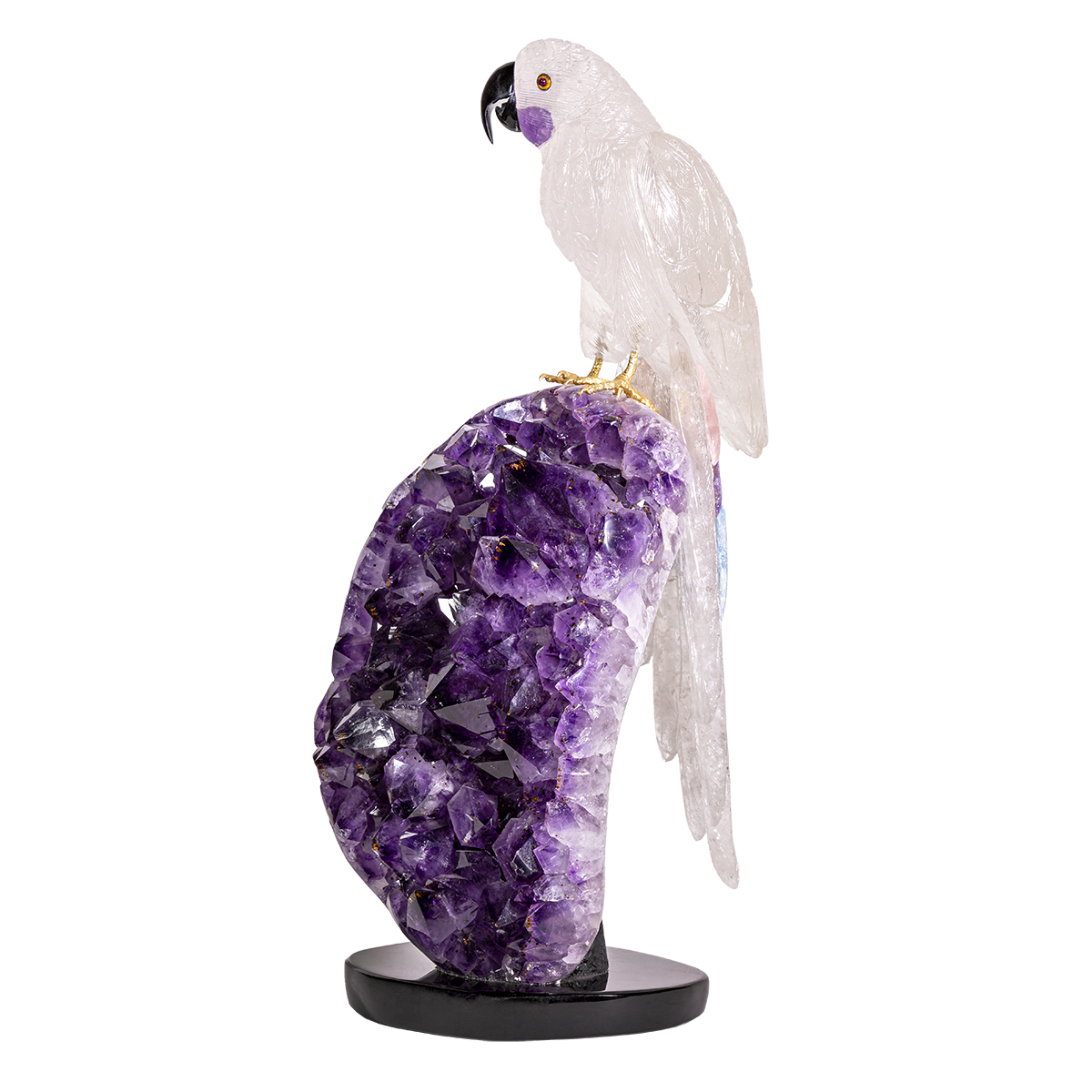Quartz Macaw with Aquamarine Tail Feather Atop Polished Amethyst Geode