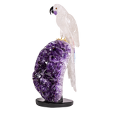 Quartz Macaw with Aquamarine Tail Feather Atop Polished Amethyst Geode
