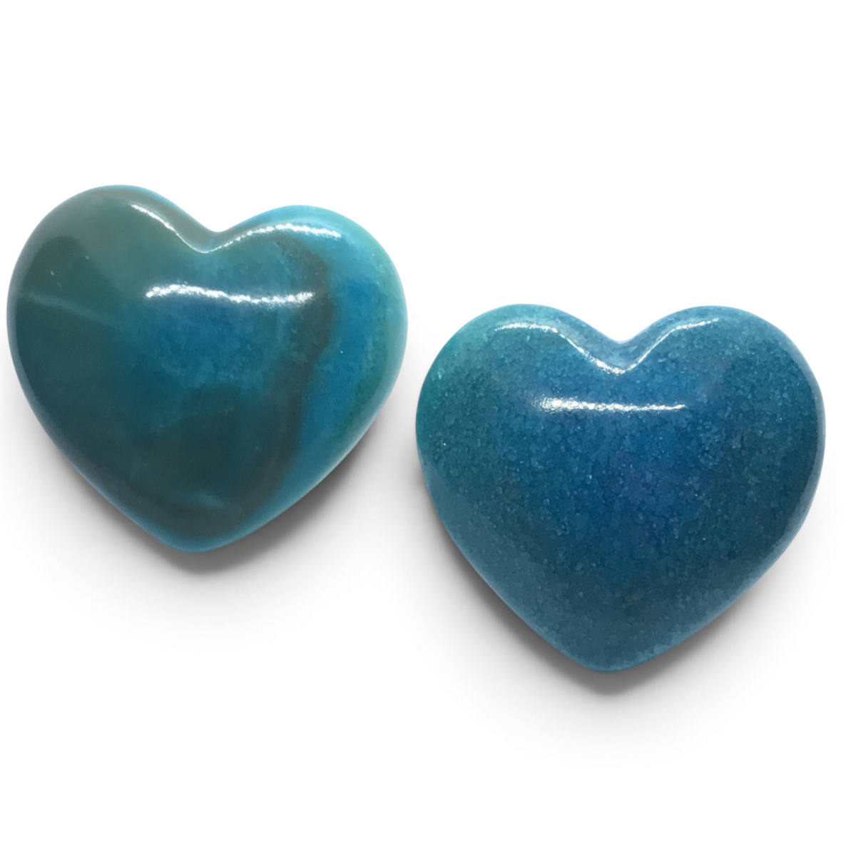 Rare Earth Gallery dyed blue onyx heart-shaped stones with polished finish and natural mineral patterns