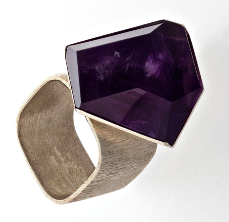 View of Amethyst Ring - Faceted Freeform With Corner Wall Silver Bezel & Band With Brushed Finish Sz10